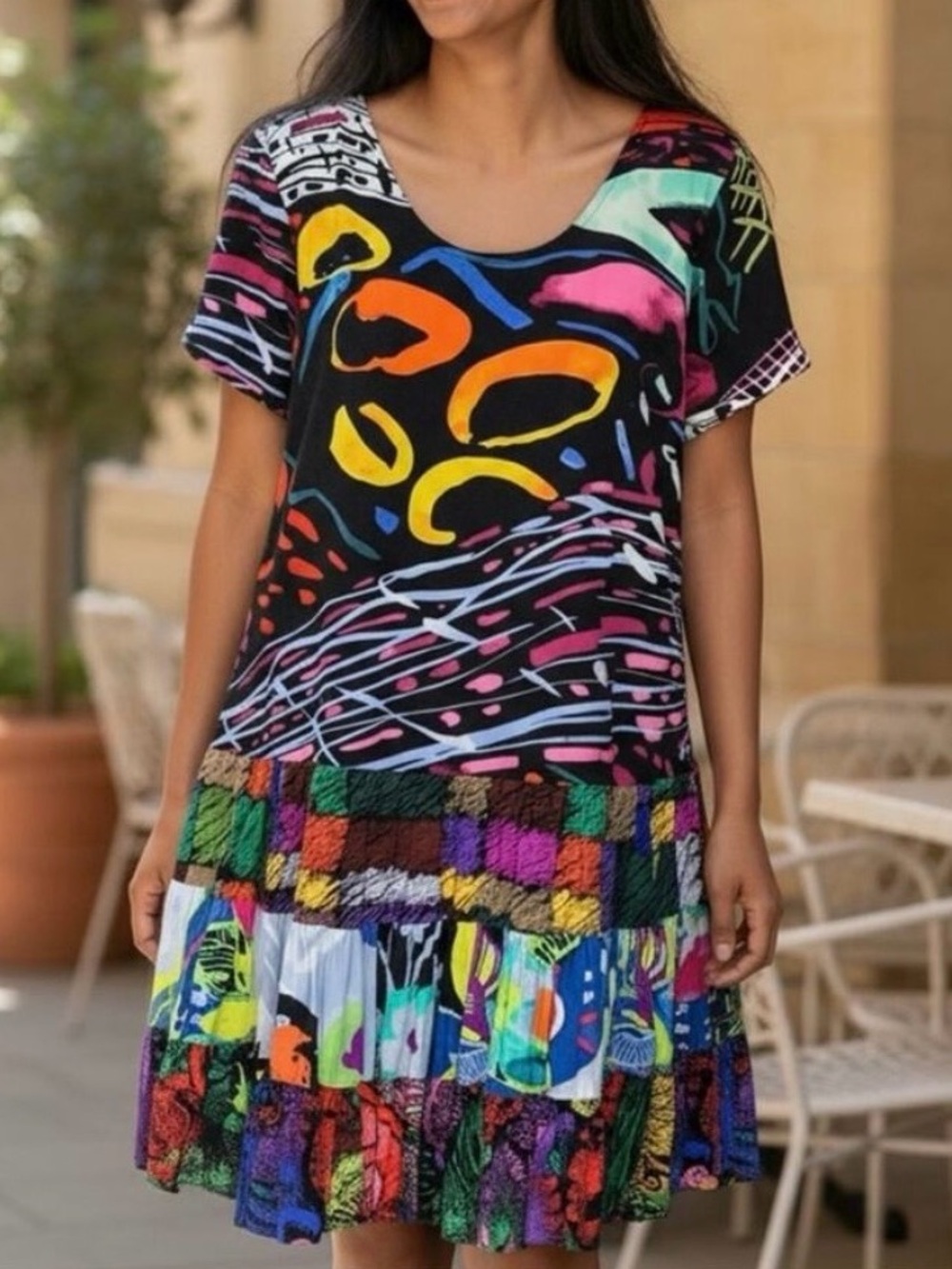 Jams World Hattie Dress XS Tiered Drop Waist Colorful Abstract 90s Illusion W329